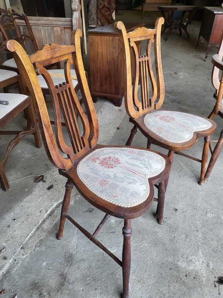 Six Antique Lyre Back Dining Chairs Heart Shaped Seats Turned Legs photo vintage