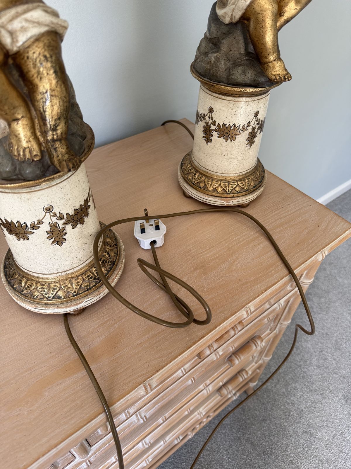 Pair Antique Italian Putti Cherub Cupid Plaster Terracotta Wood Gold Renaissance Lamps photo 1200.0