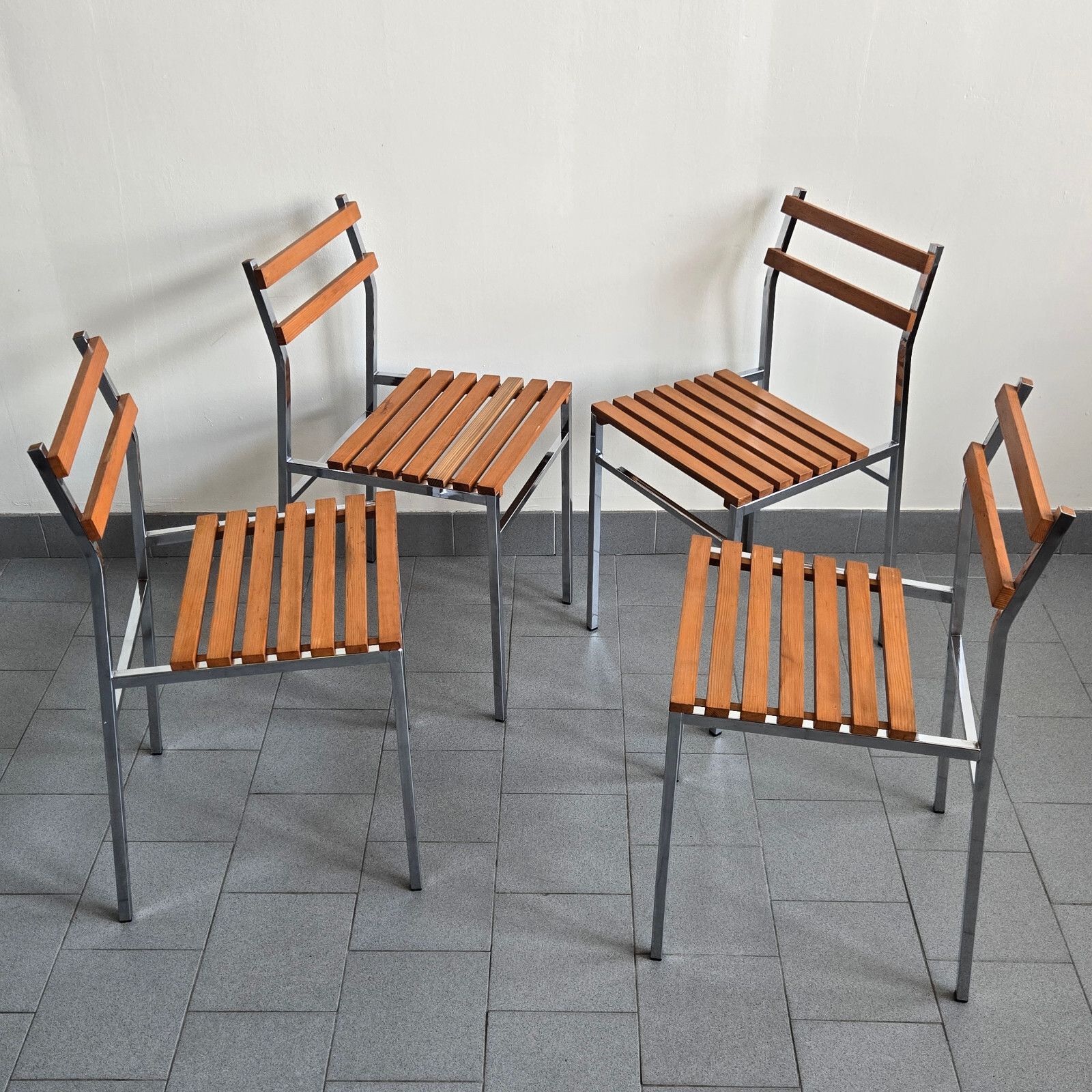 Vintage 1960 Pin & Metal Chrome 60s Dlg Charlotte Perriand Chair Suite Of 4