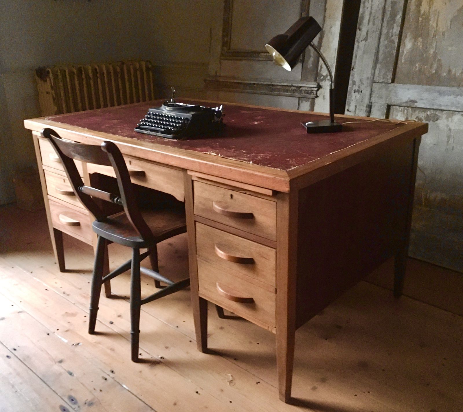 Large 1940s Double Pedestal Wooden Desk photo furniture
