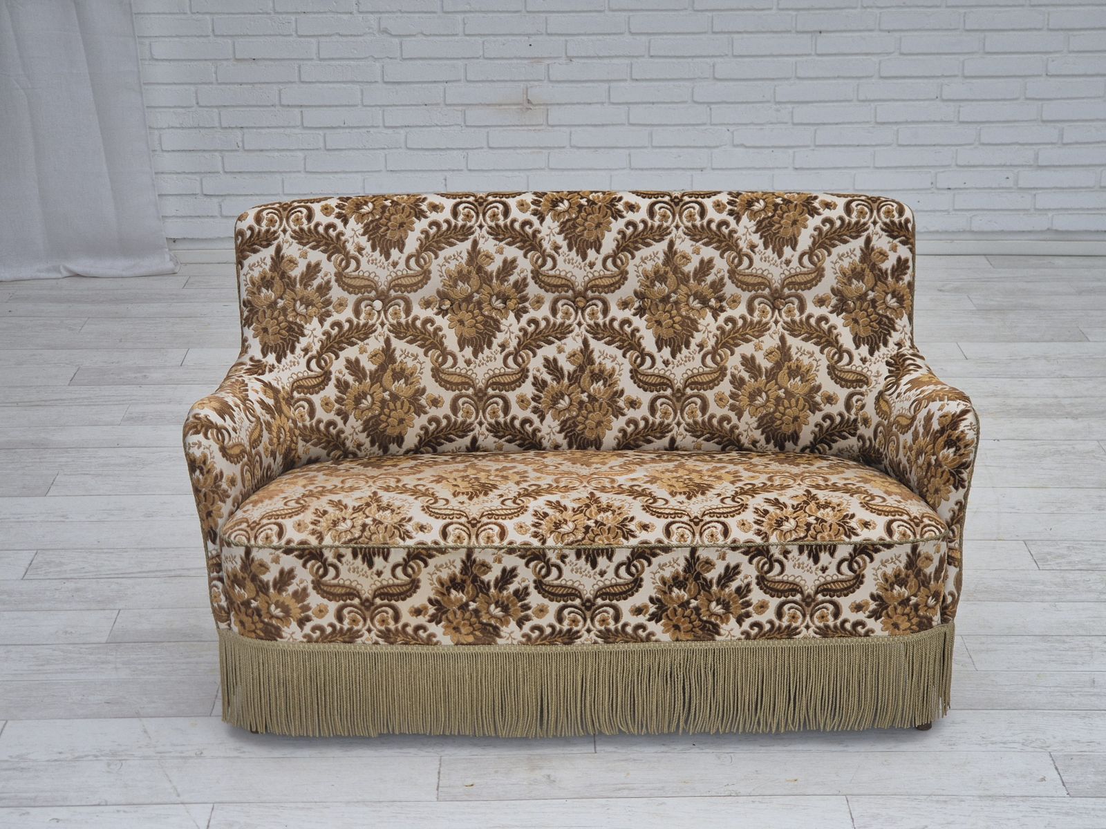 1960s, Danish 2 Seater Sofa, Brown/Beige Furniture Fabric, Ash Wood Legs. photo 1190.0