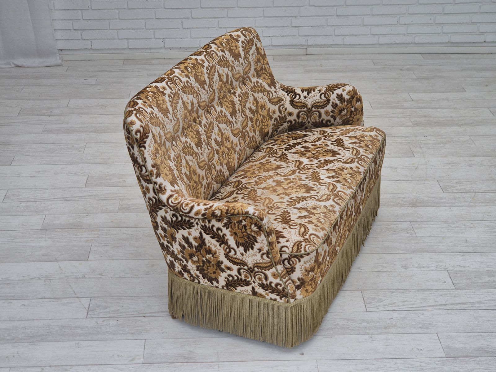 photo furniture 1960s, Danish 2 Seater Sofa, Brown/Beige Furniture Fabric, Ash Wood Legs.