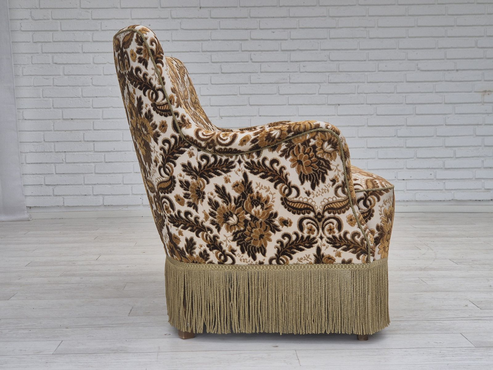 photo for sale 1960s, Danish 2 Seater Sofa, Brown/Beige Furniture Fabric, Ash Wood Legs.
