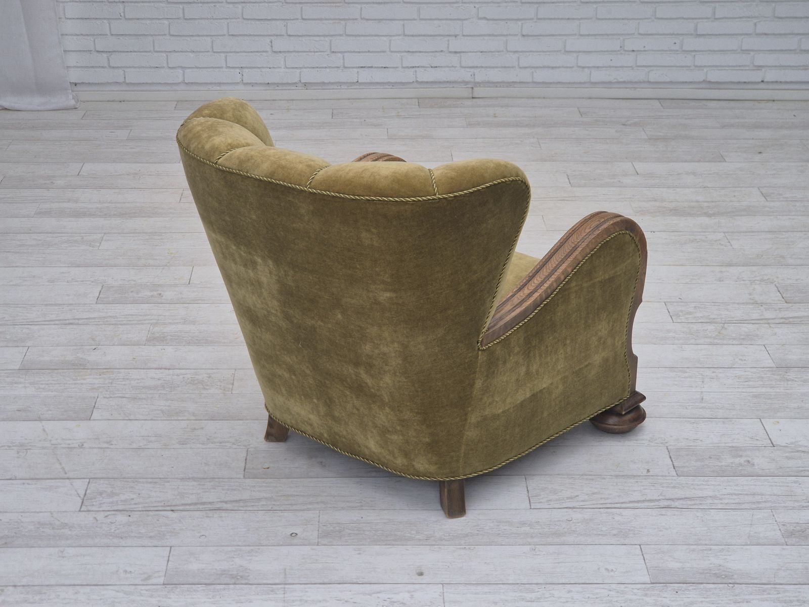 photo buy 1960s, Danish Relax Armchair, Green Furniture Velour Fabric, Oak Wood.