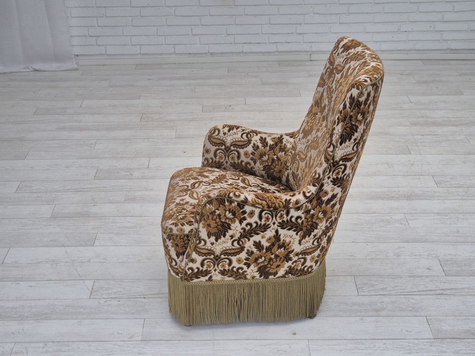 1960s, Danish Highback Armchair, Furniture Velour Fabric, Ash Wood. photo for sale
