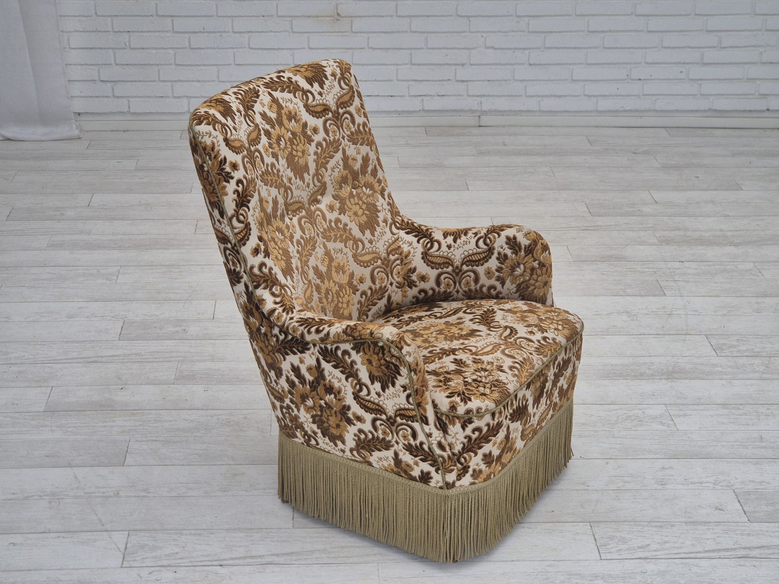 photo buy 1960s, Danish Highback Armchair, Furniture Velour Fabric, Ash Wood.