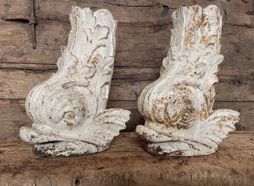 Pair Of  Unusual Decorative Antique French 19th C. Cast Iron Dolphin Vases photo for sale