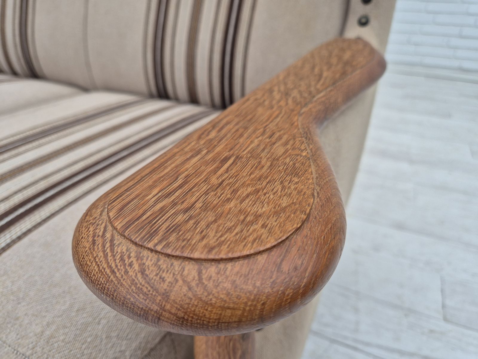 1970s, Danish 3 Seater Sofa, Furniture Wool Fabric, Oak Wood, Original Condition. photo buy