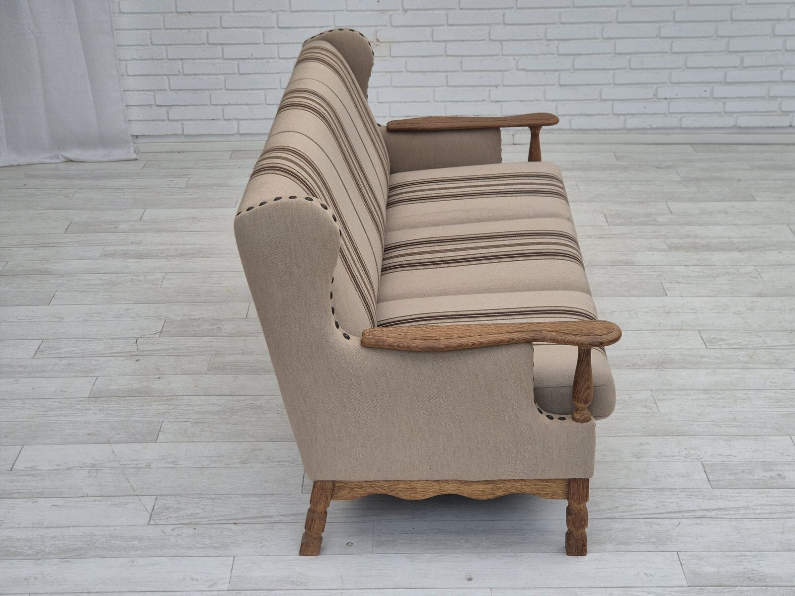 photo furniture 1970s, Danish 3 Seater Sofa, Furniture Wool Fabric, Oak Wood, Original Condition.