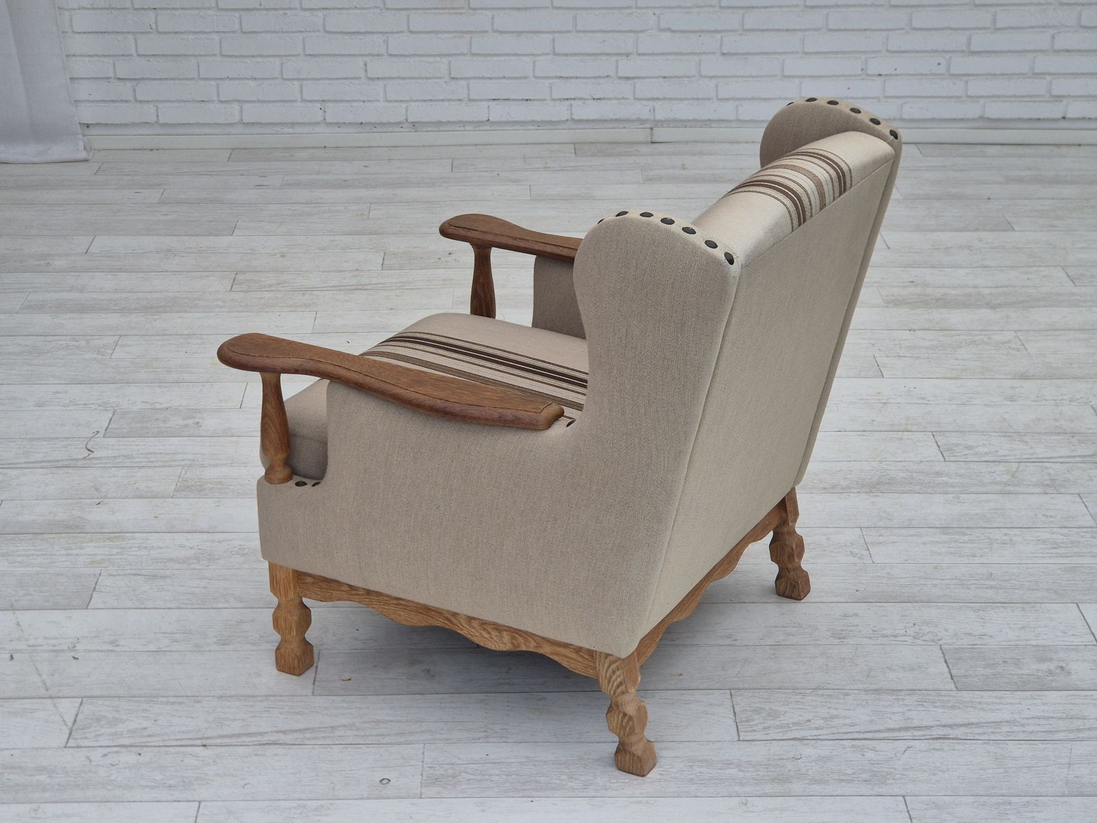 photo for sale 1970s, Danish Armchair, Furniture Wool Fabric, Oak Wood, Original Condition.