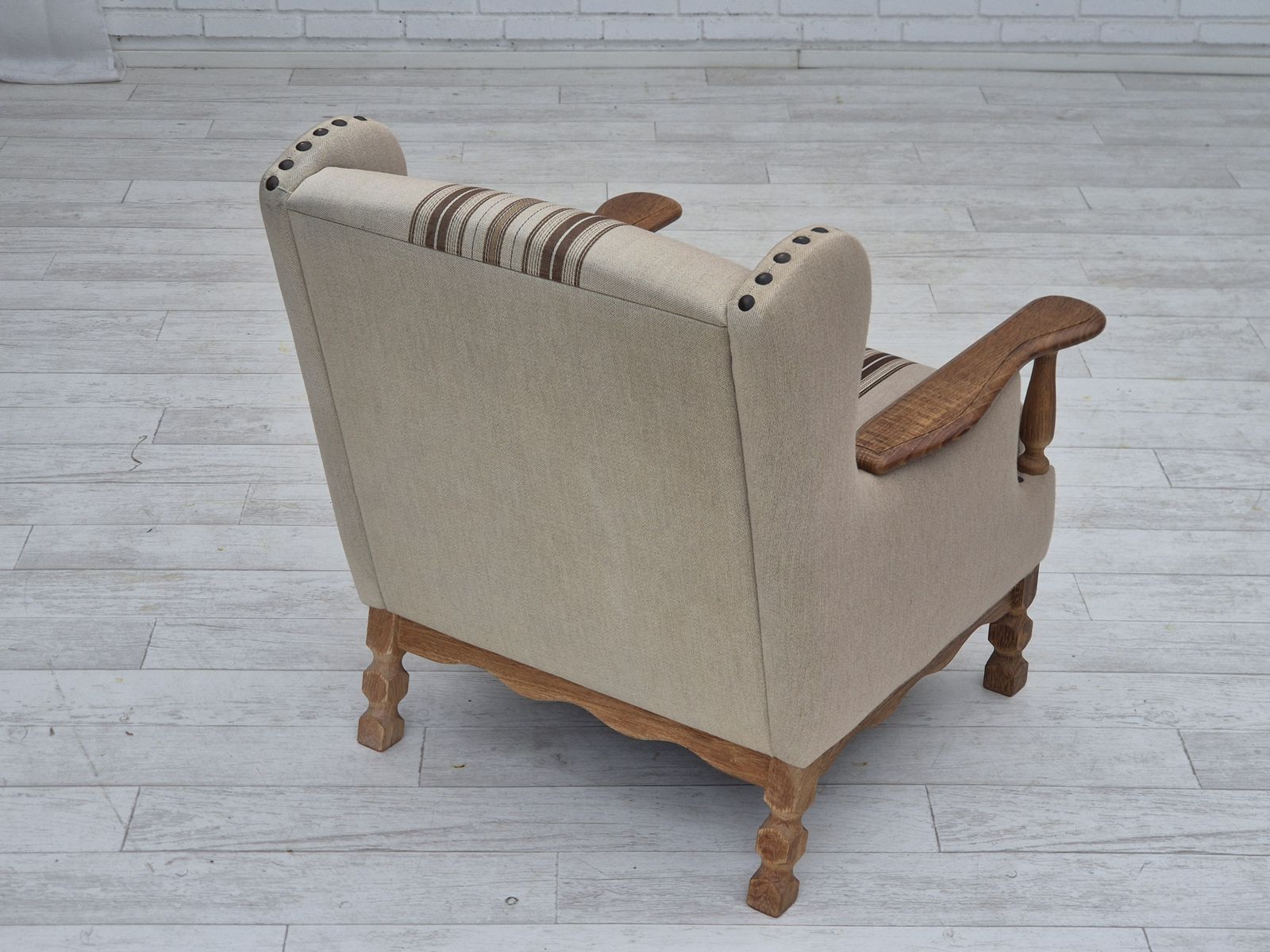Furniture 1970s, Danish Armchair, Furniture Wool Fabric, Oak Wood, Original Condition. photo