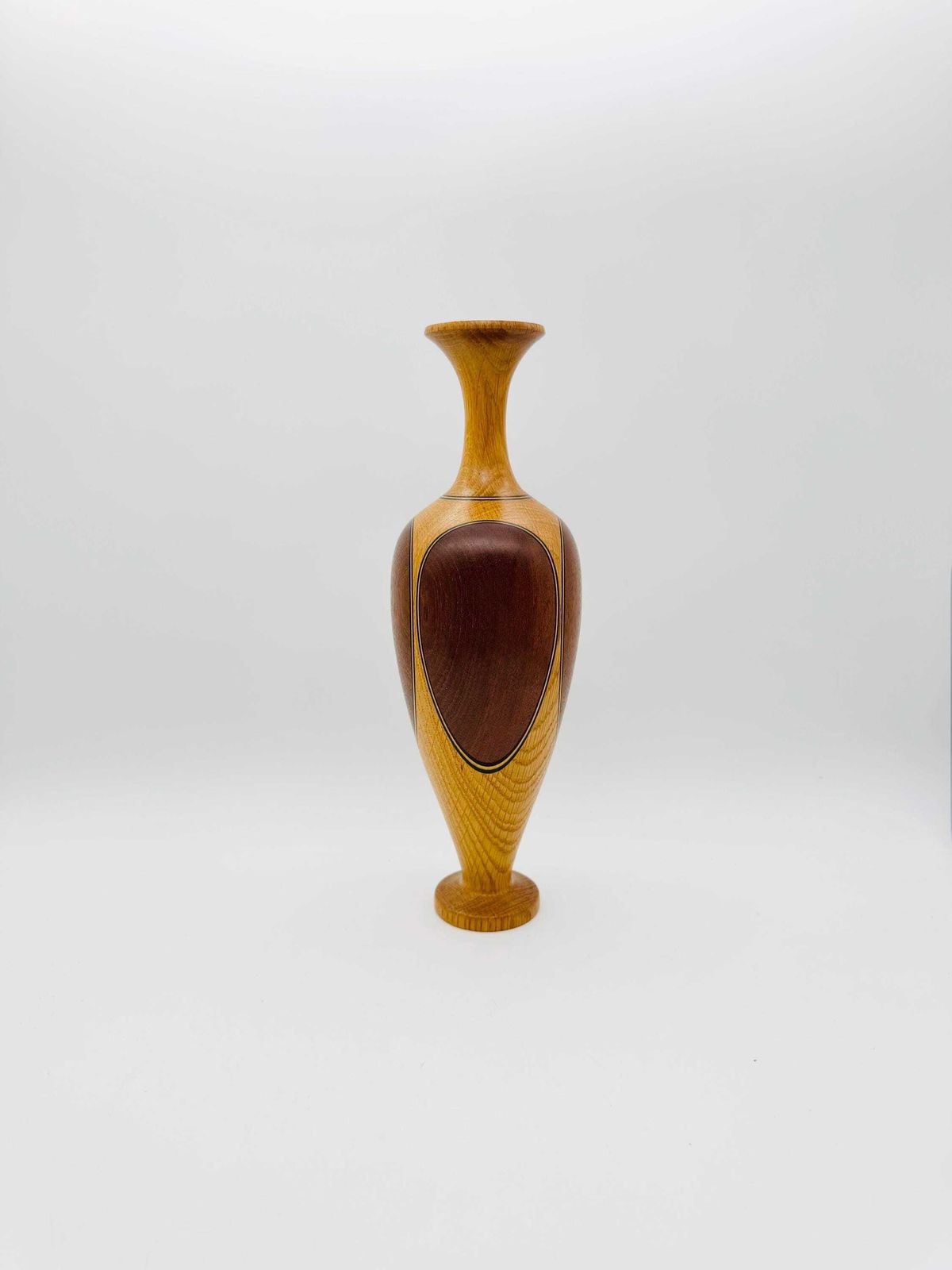 Hand Crafed Wood Inlaid Vase, Signed, Turned Wood Vase