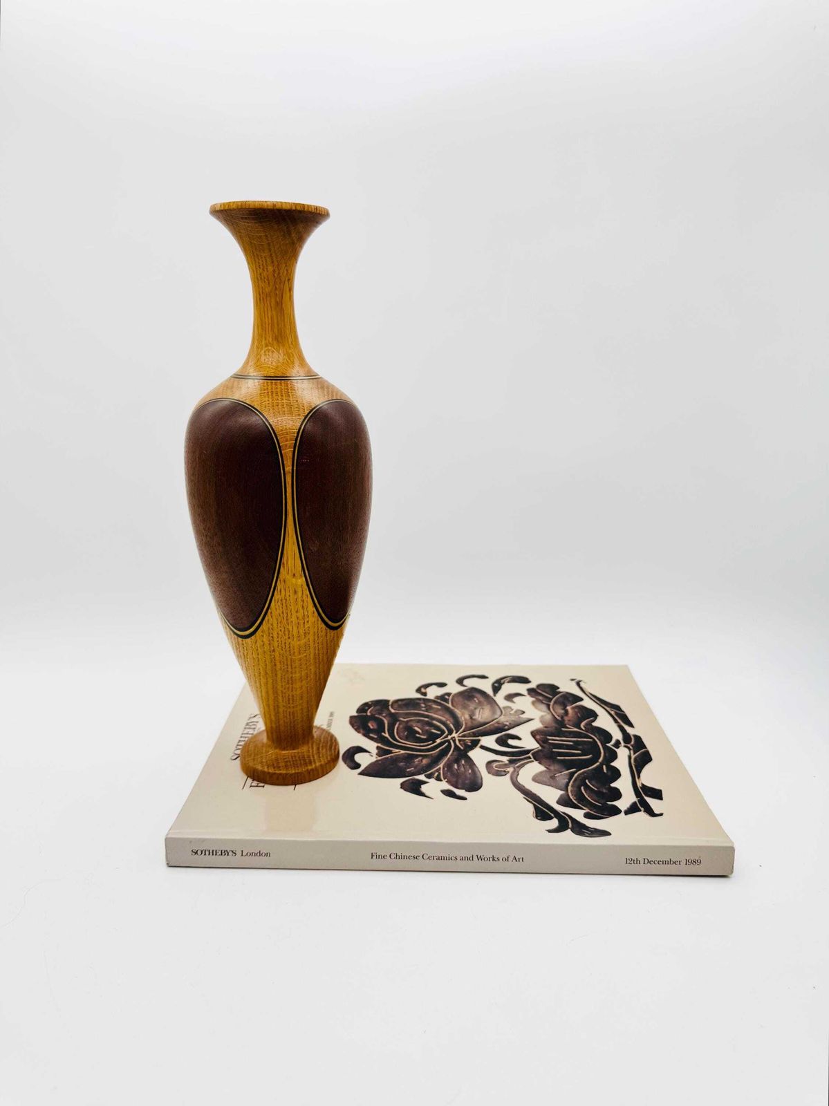 photo for sale Hand Crafed Wood Inlaid Vase, Signed, Turned Wood Vase