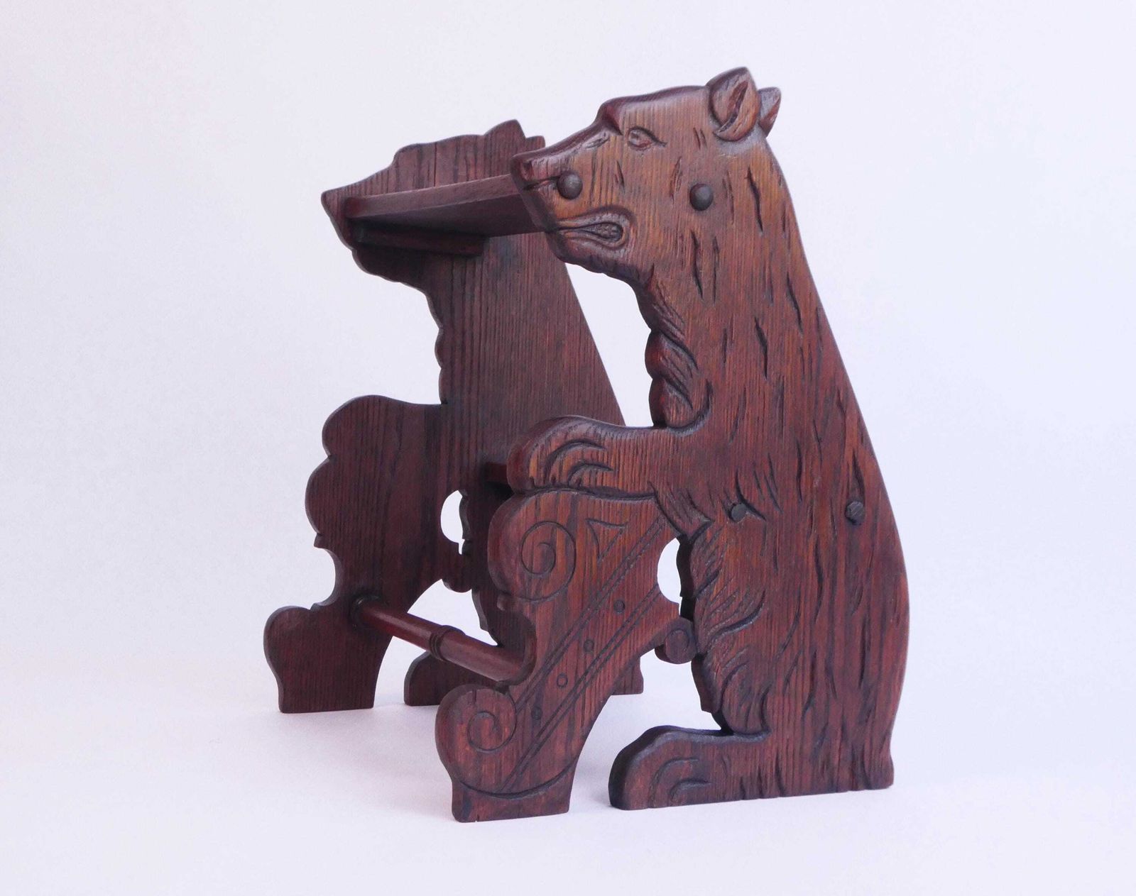 Antique Wooden Carved Victorian Library Stairs With Bear Figure, 1900's Bookcase Ladder, Rare Collectors Small Furniture, Bed Stool photo furniture