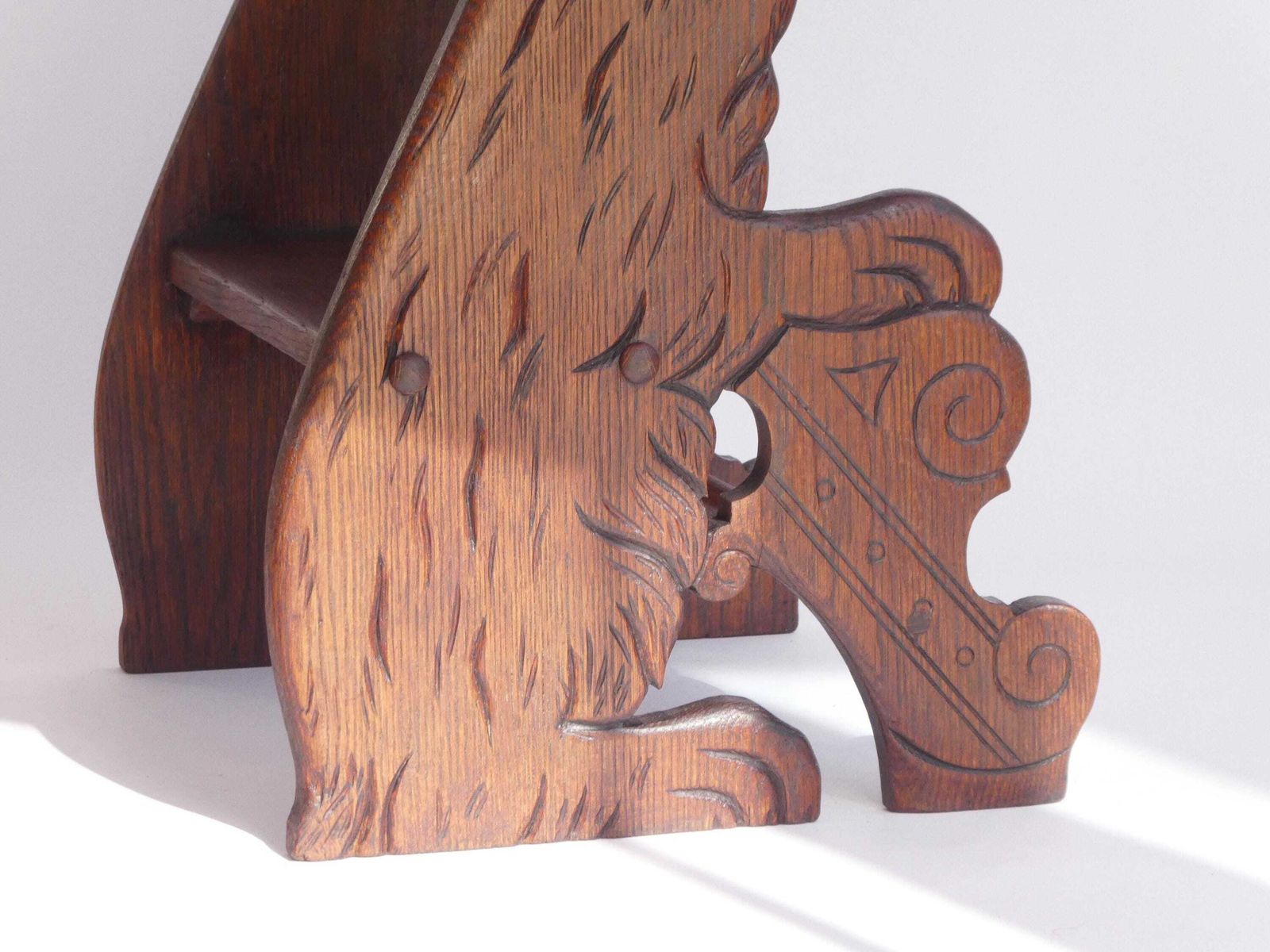 Antique Wooden Carved Victorian Library Stairs With Bear Figure, 1900's Bookcase Ladder, Rare Collectors Small Furniture, Bed Stool photo for sale