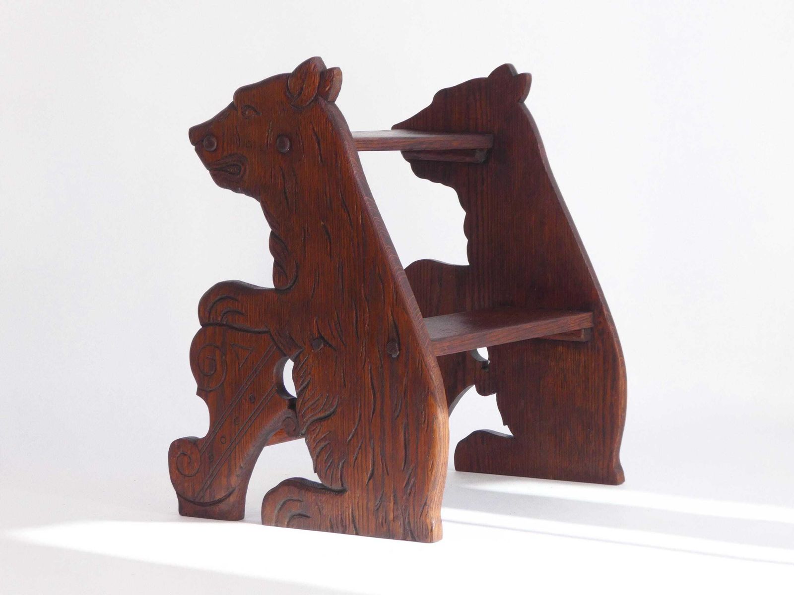 photo for sale Antique Wooden Carved Victorian Library Stairs With Bear Figure, 1900's Bookcase Ladder, Rare Collectors Small Furniture, Bed Stool