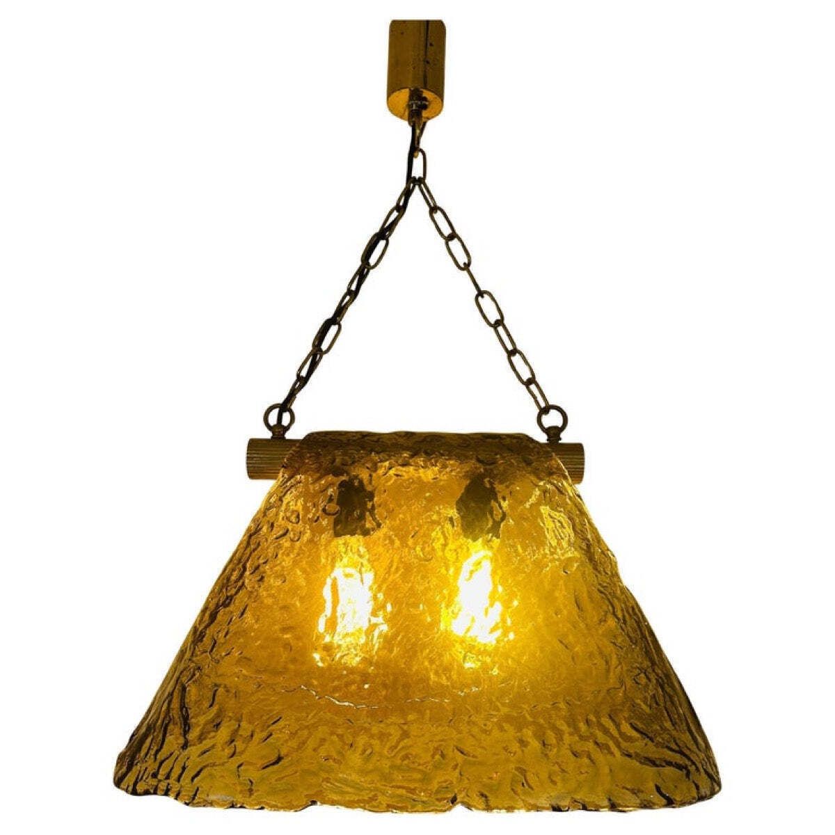 1960s Vintage Carlo Nason For Mazzega Polished Ribbed Brass And Murano Glass Hanging Ceiling Light