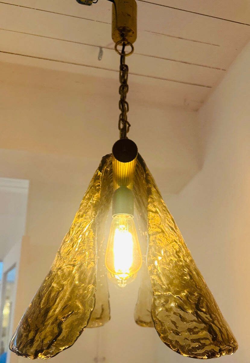 1960s Vintage Carlo Nason For Mazzega Polished Ribbed Brass And Murano Glass Hanging Ceiling Light photo buy