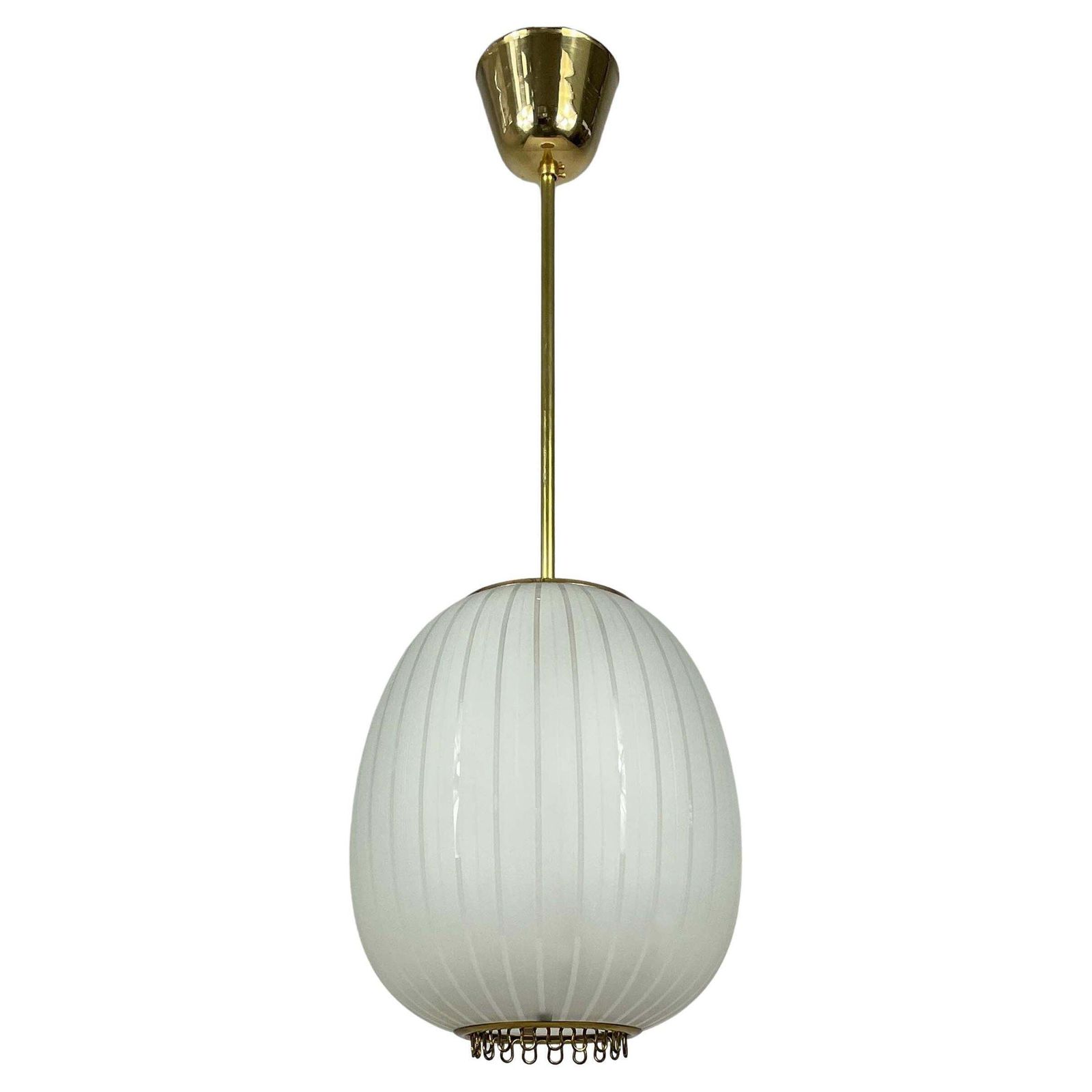 Striped Frosted Glass & Brass Pendant, Orrefors Sweden 1950s