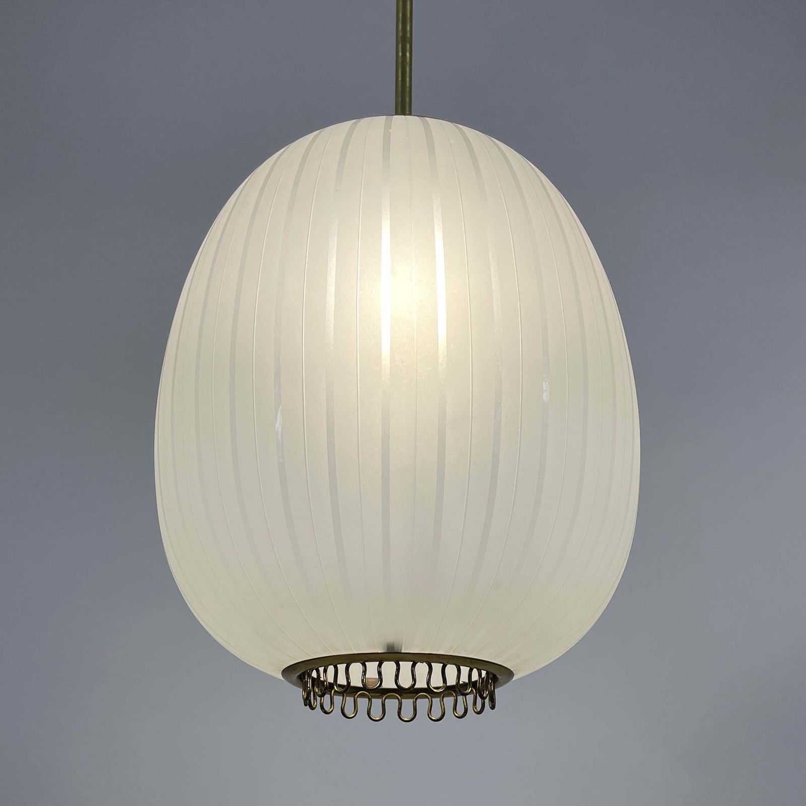 Striped Frosted Glass & Brass Pendant, Orrefors Sweden 1950s photo Lighting