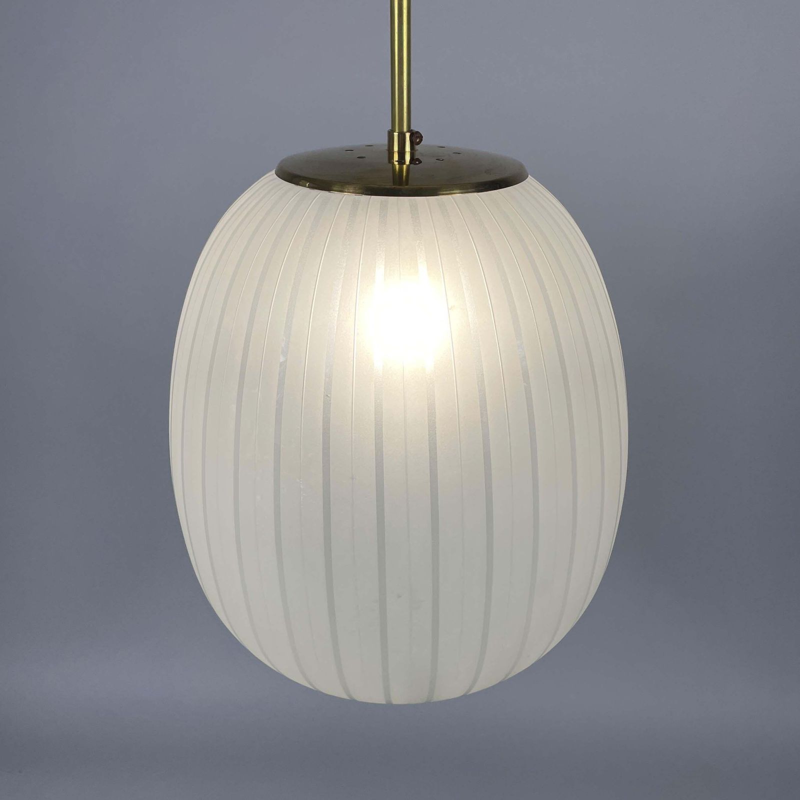 Striped Frosted Glass & Brass Pendant, Orrefors Sweden 1950s photo vinterior