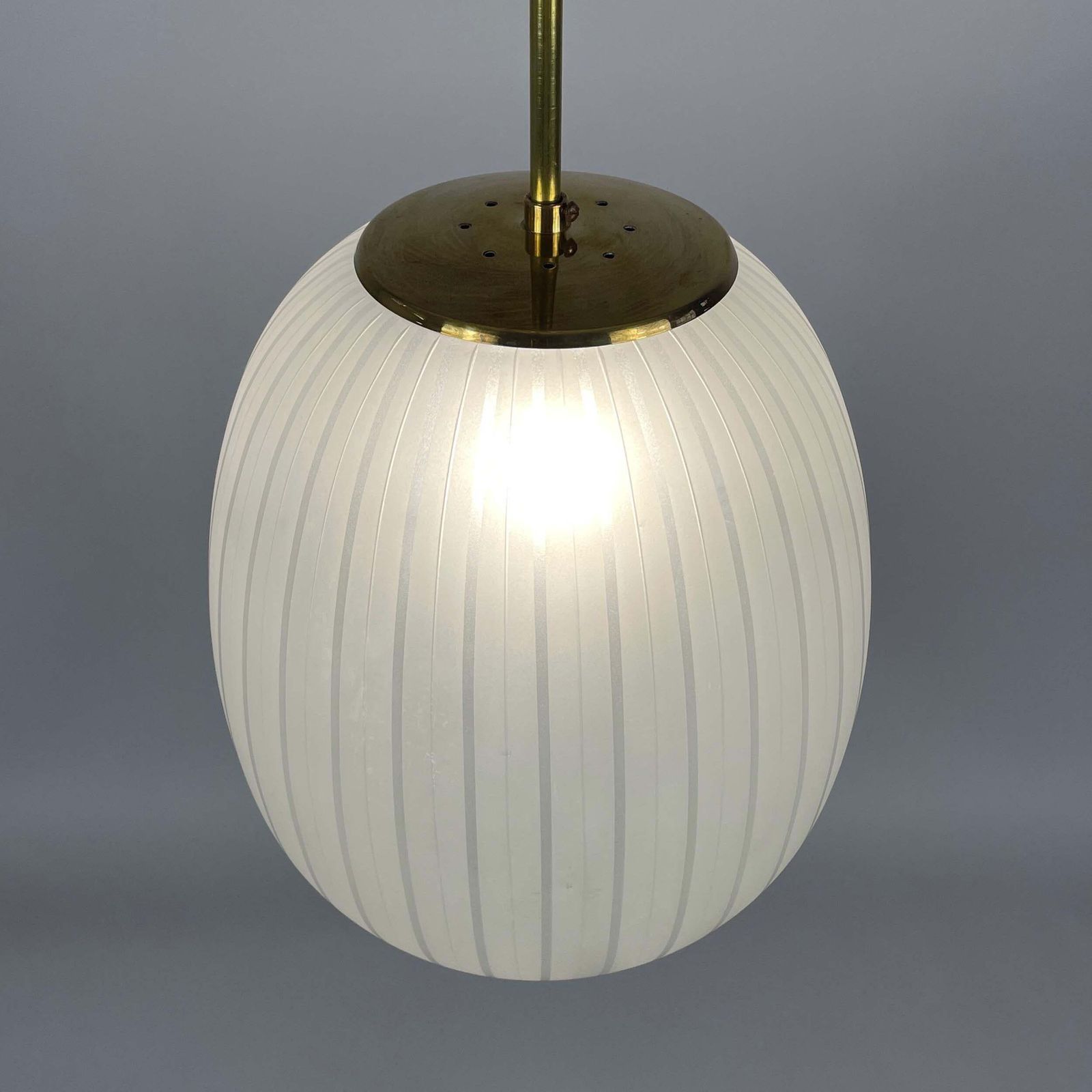 photo for sale Striped Frosted Glass & Brass Pendant, Orrefors Sweden 1950s
