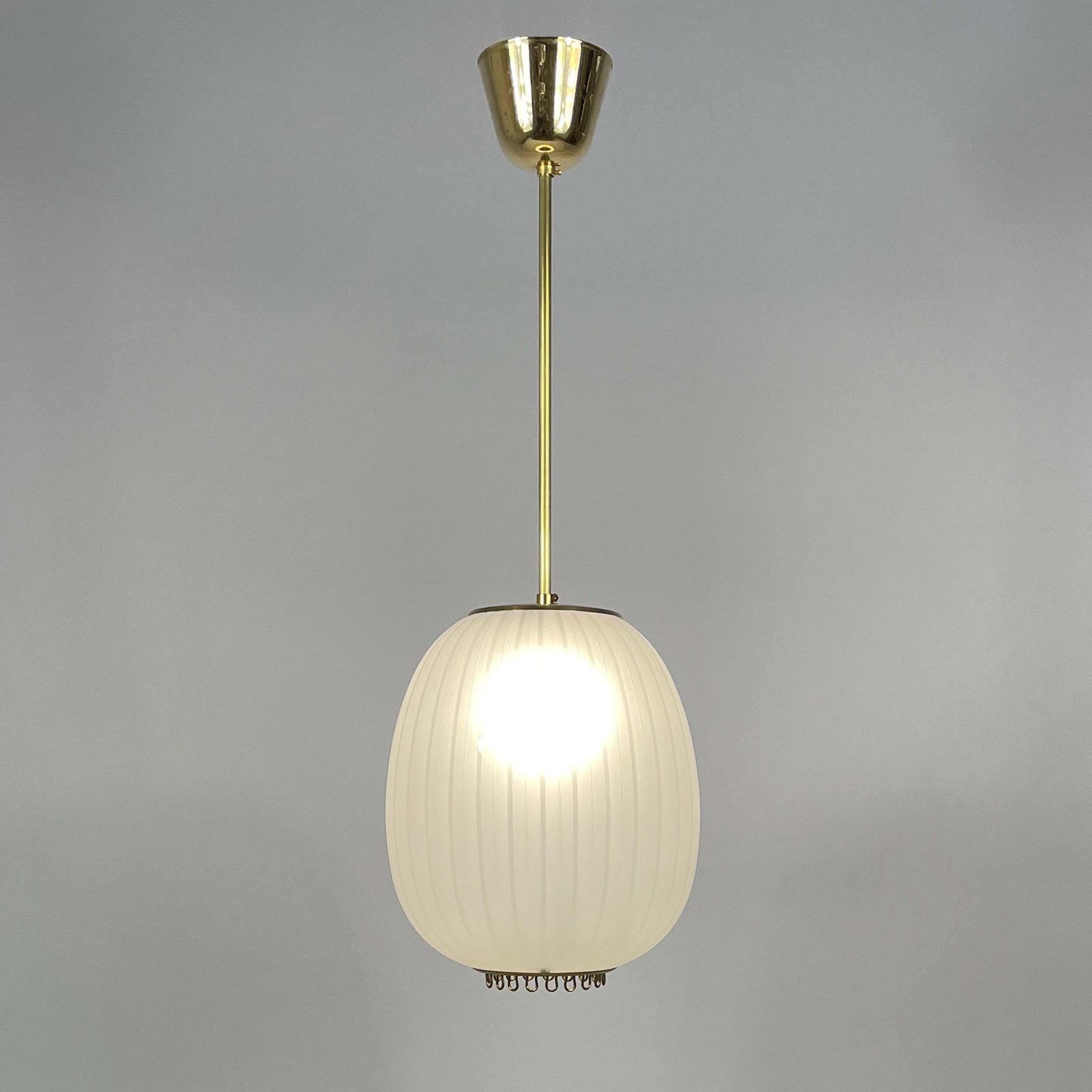 photo buy Striped Frosted Glass & Brass Pendant, Orrefors Sweden 1950s