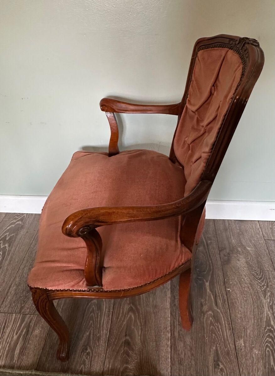Antique French Provincial Carved Walnut Arm Chair Bedroom Chair Button Backed photo for sale