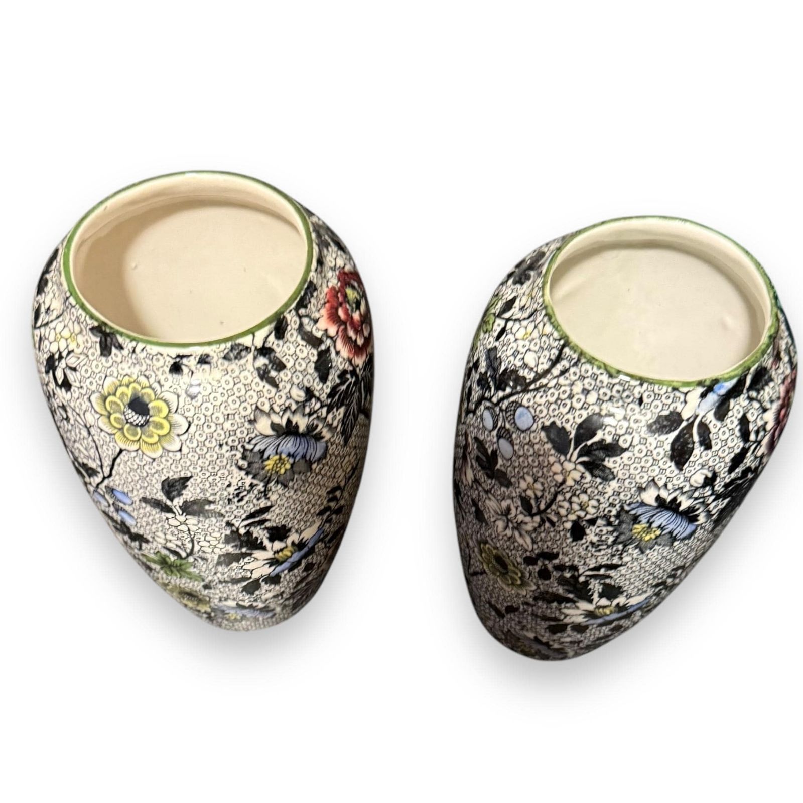 Pair Of Antique Dean's Burslem Ye Olde Dresden Black Chintz Vases photo Home Decor
