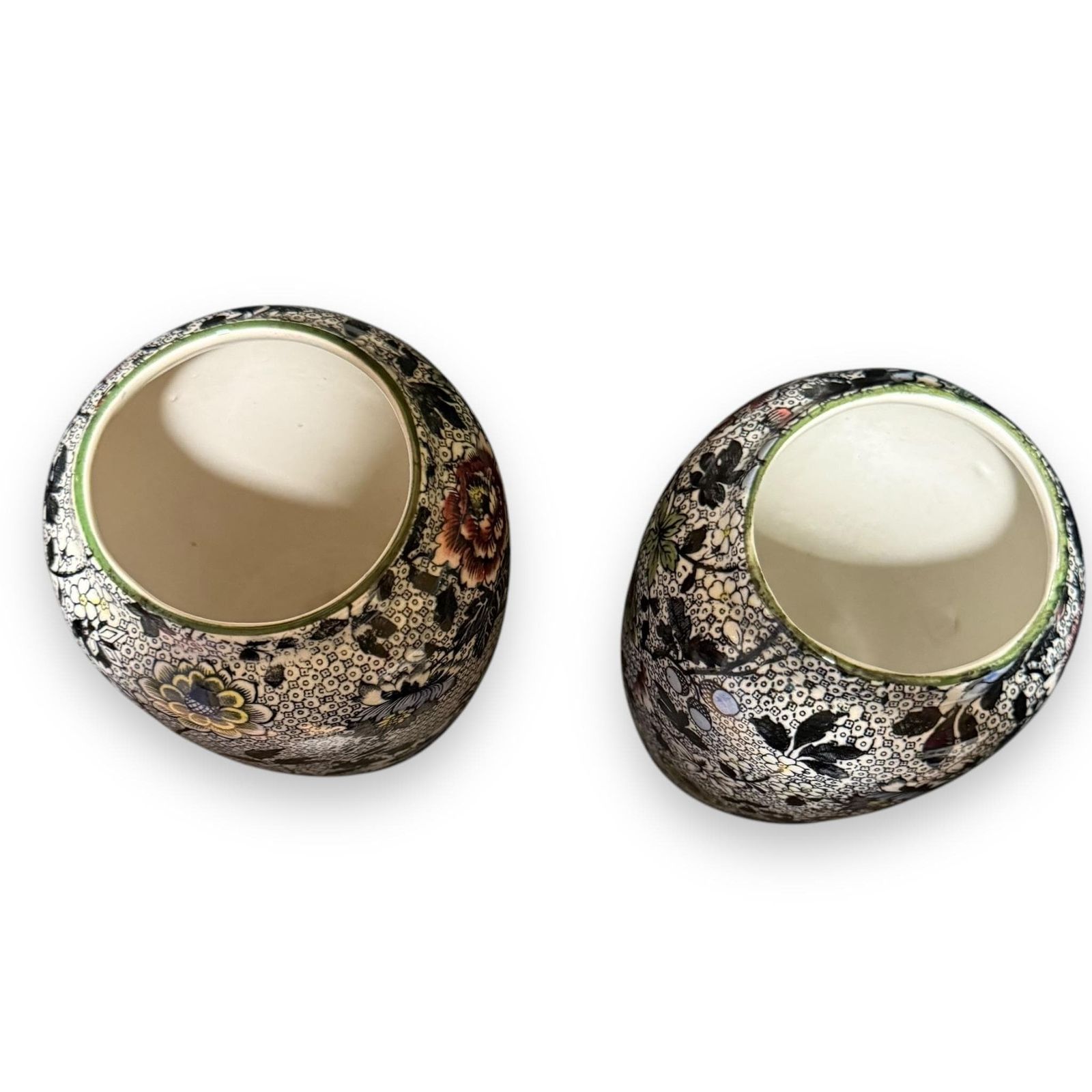 Pair Of Antique Dean's Burslem Ye Olde Dresden Black Chintz Vases photo 125.0