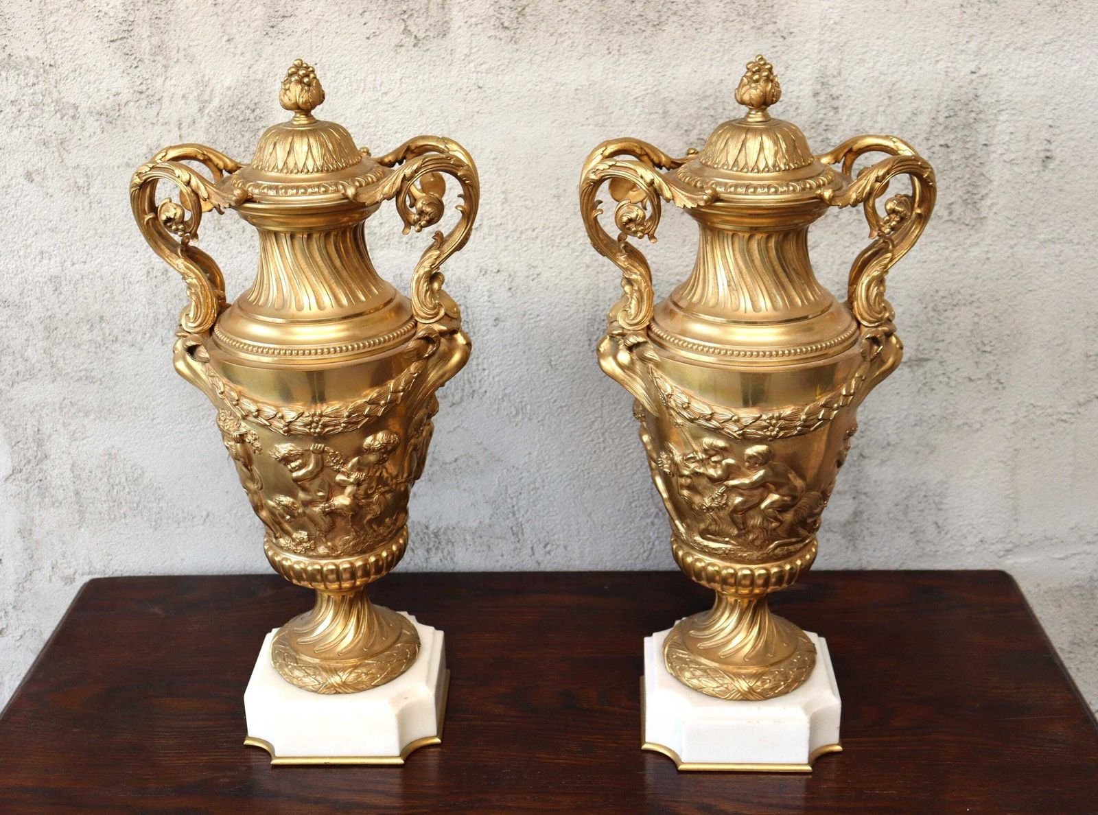 Antique Set Of Two 19th Century Ormolu Bronze Cassolette Vases After French Sculptor Clodion (St.232) photo Home Decor