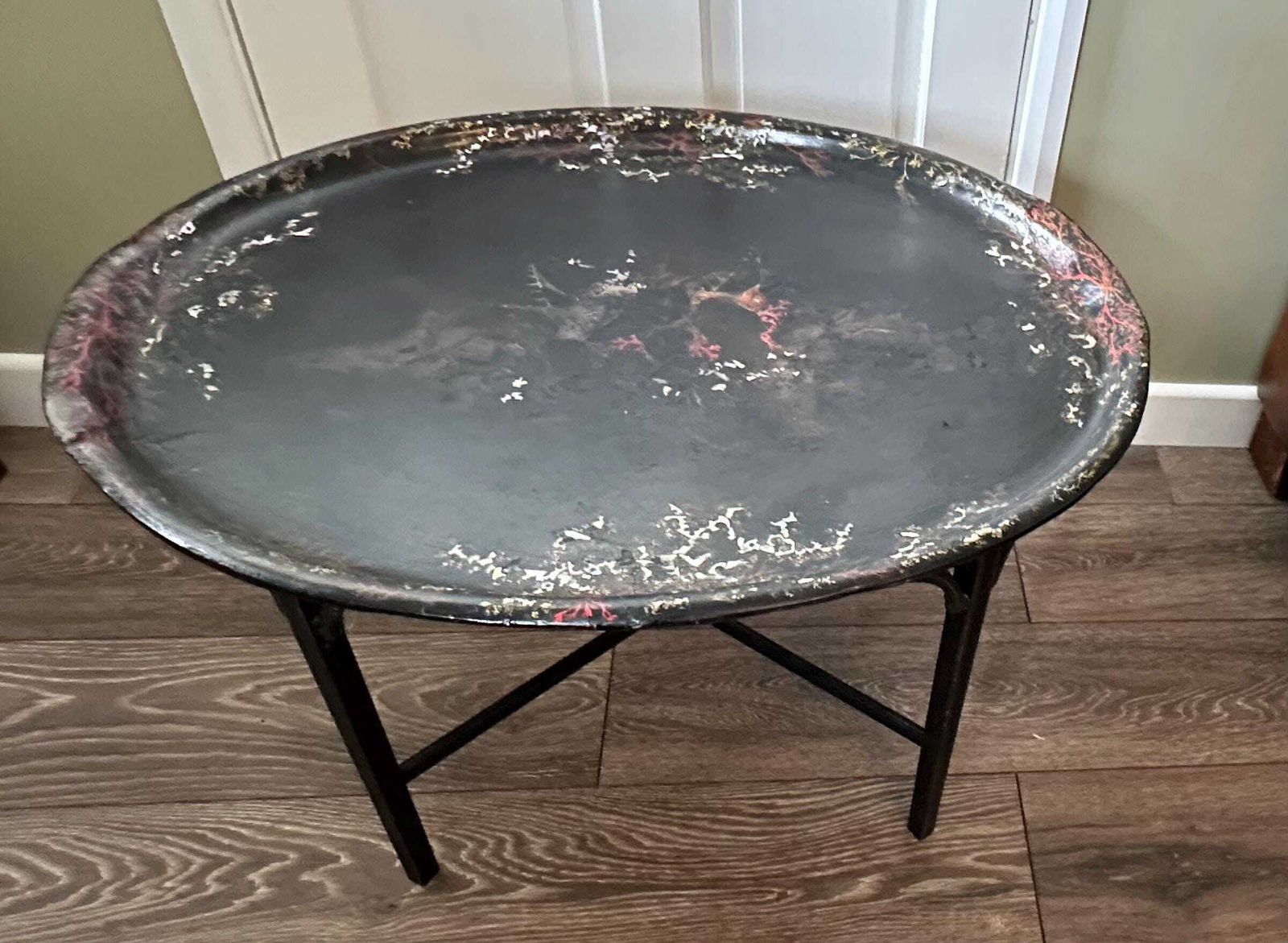 Antique Victorian Papier Mache Tray On Stand With Mother Of Pearl Inlay