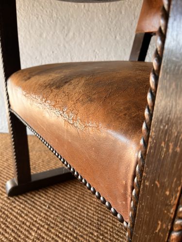 Large Antique Arts & Crafts Solid Oak Antique Tan Leather King Throne Arm Chair photo 354.0