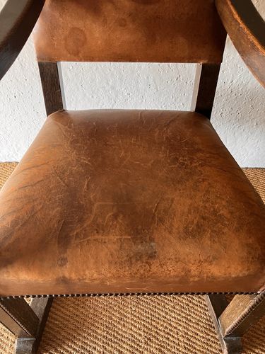 photo for sale Large Antique Arts & Crafts Solid Oak Antique Tan Leather King Throne Arm Chair