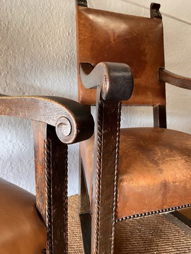 354.0 Large Antique Arts & Crafts Solid Oak Antique Tan Leather King Throne Arm Chair photo
