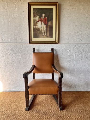 Large Antique Arts & Crafts Solid Oak Antique Tan Leather Queen Throne Arm Chair