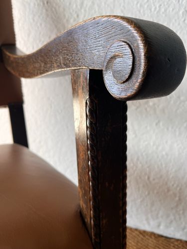 Large Antique Arts & Crafts Solid Oak Antique Tan Leather Queen Throne Arm Chair photo 306.0