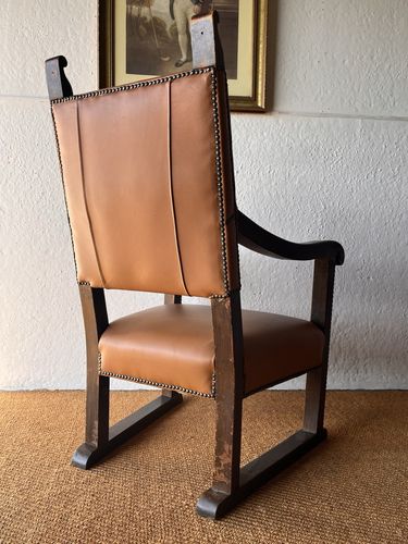 photo for sale Large Antique Arts & Crafts Solid Oak Antique Tan Leather Queen Throne Arm Chair