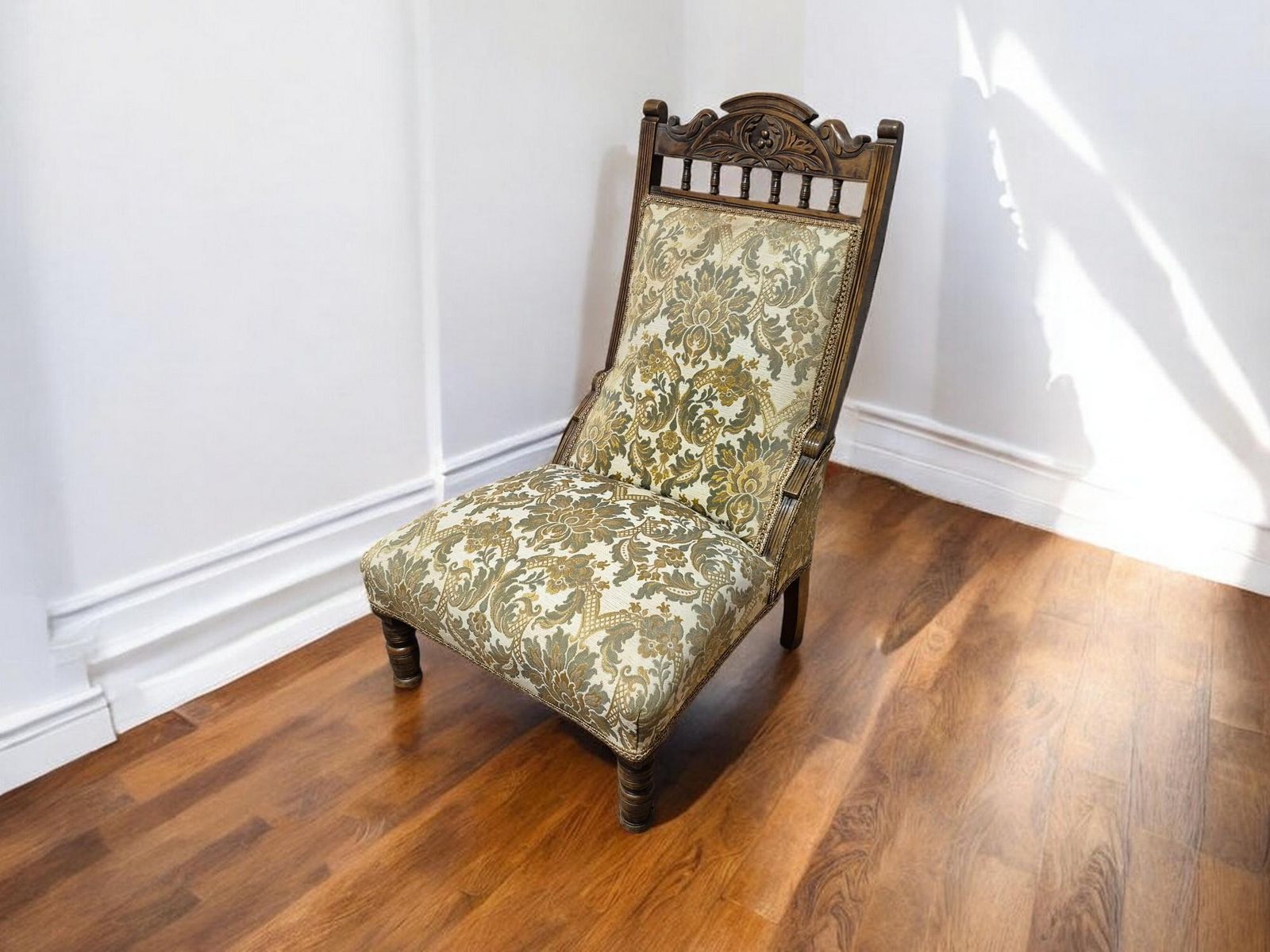 Antique Victorian Upholstered Bedroom/ Lounge / Nursing Low Chair Carved Walnut Wood photo furniture