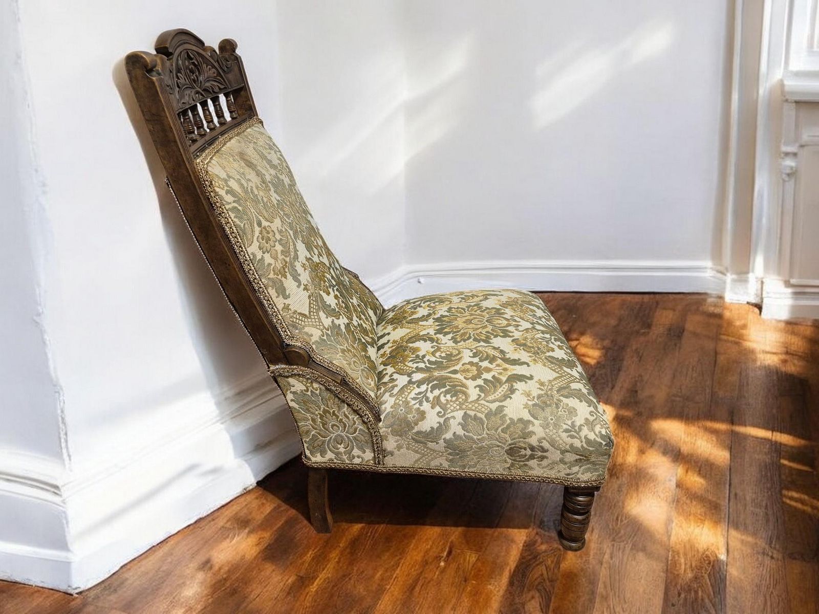 Antique Victorian Upholstered Bedroom/ Lounge / Nursing Low Chair Carved Walnut Wood photo buy