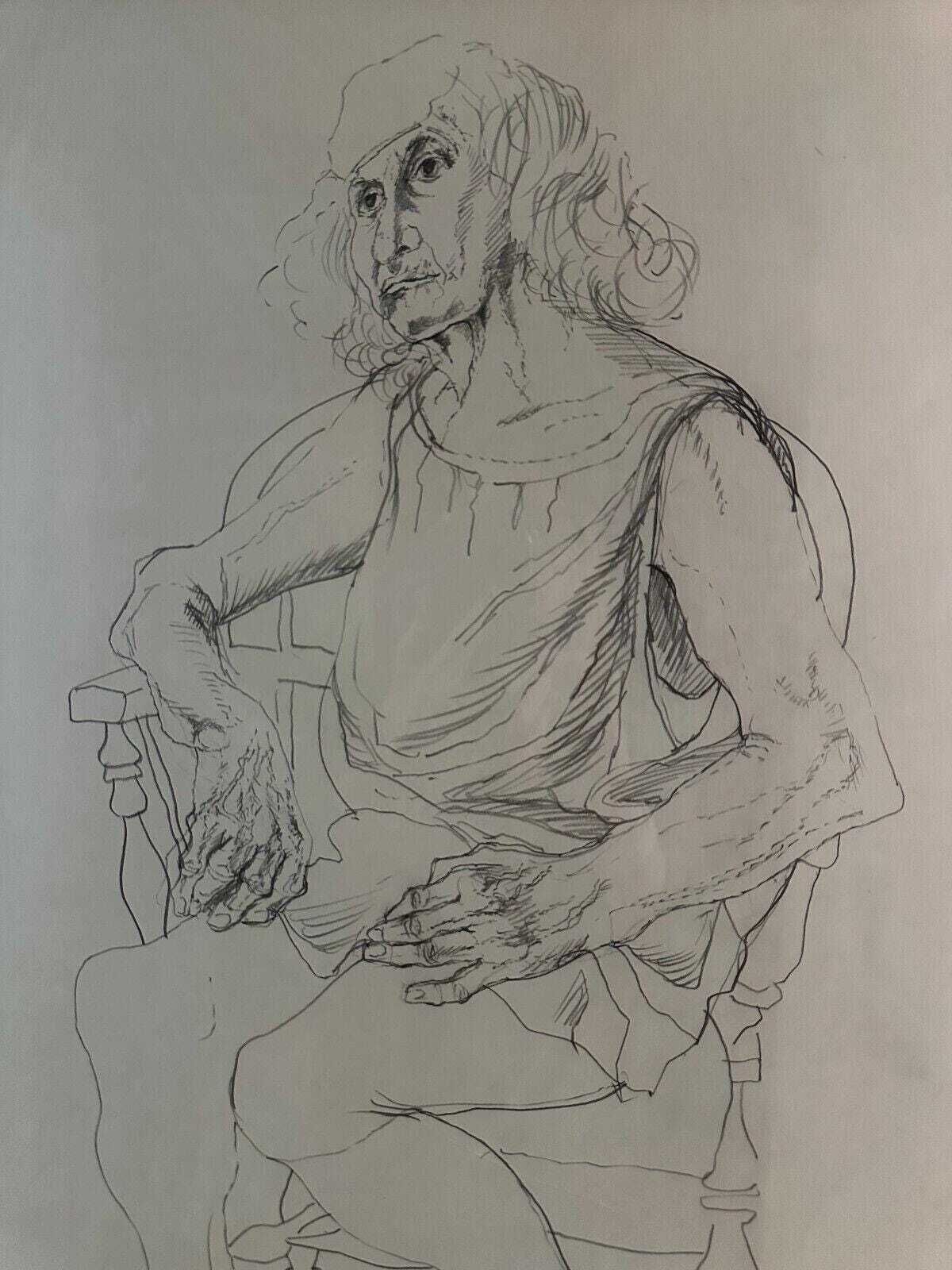 Kathe Strenitz Original Pencil Drawing 1972   "Old Woman"   Framed Artwork Vintage Sketch photo furniture