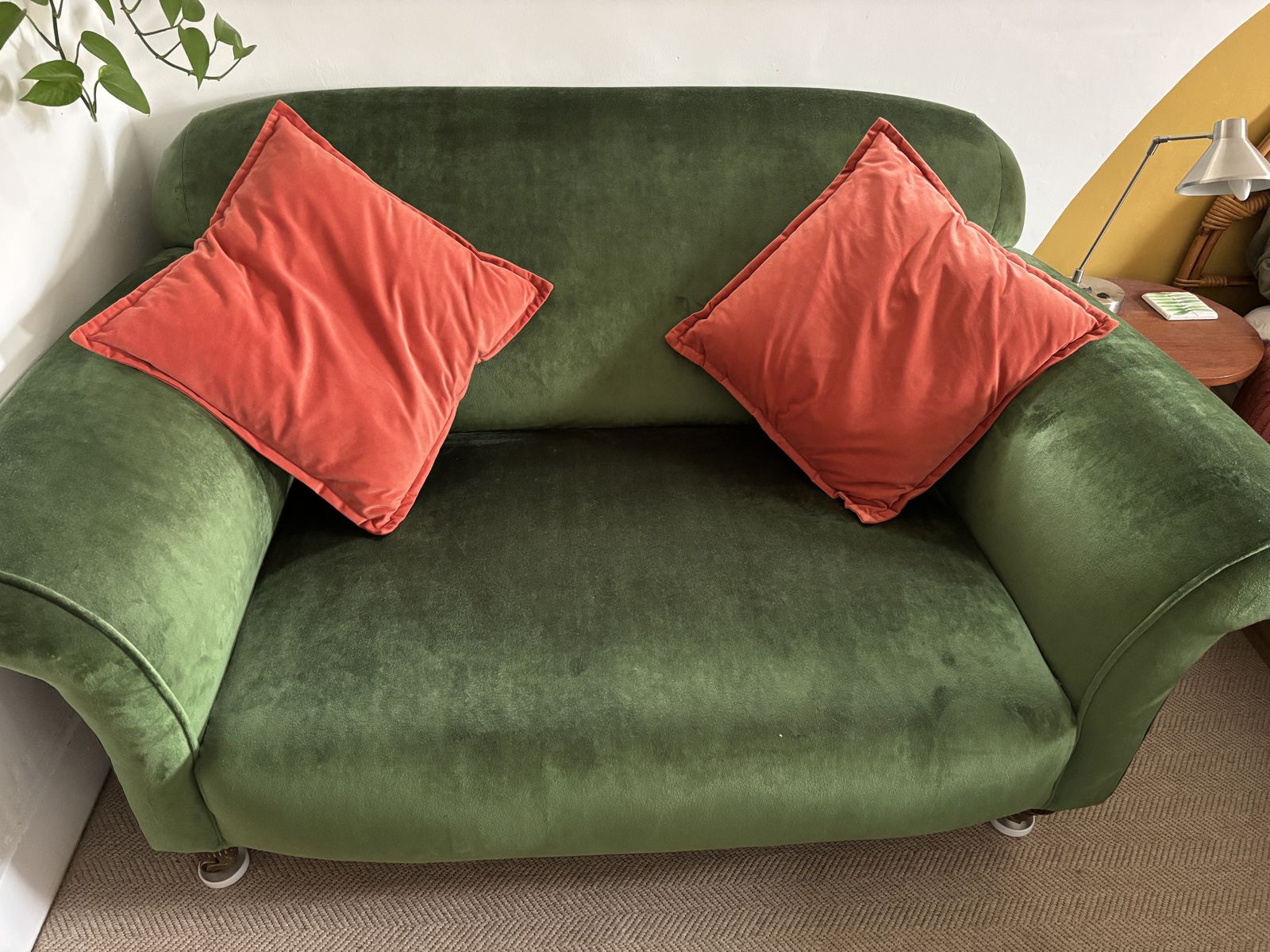 Green Velvet Multiyork Love Seat, Recently Re Covered, In Perfect Condition.