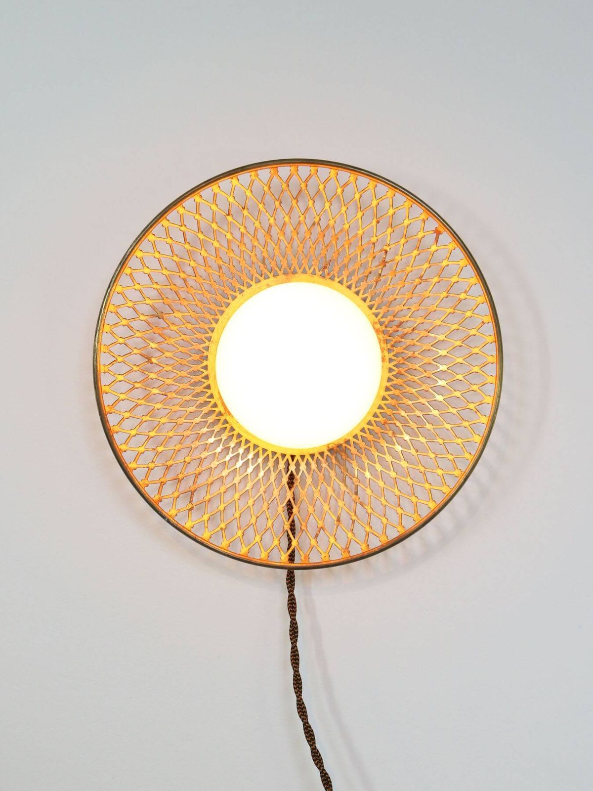 Mid Century Intricate Wall Lamp In Brass And Opaline Glass, 1950s photo for sale