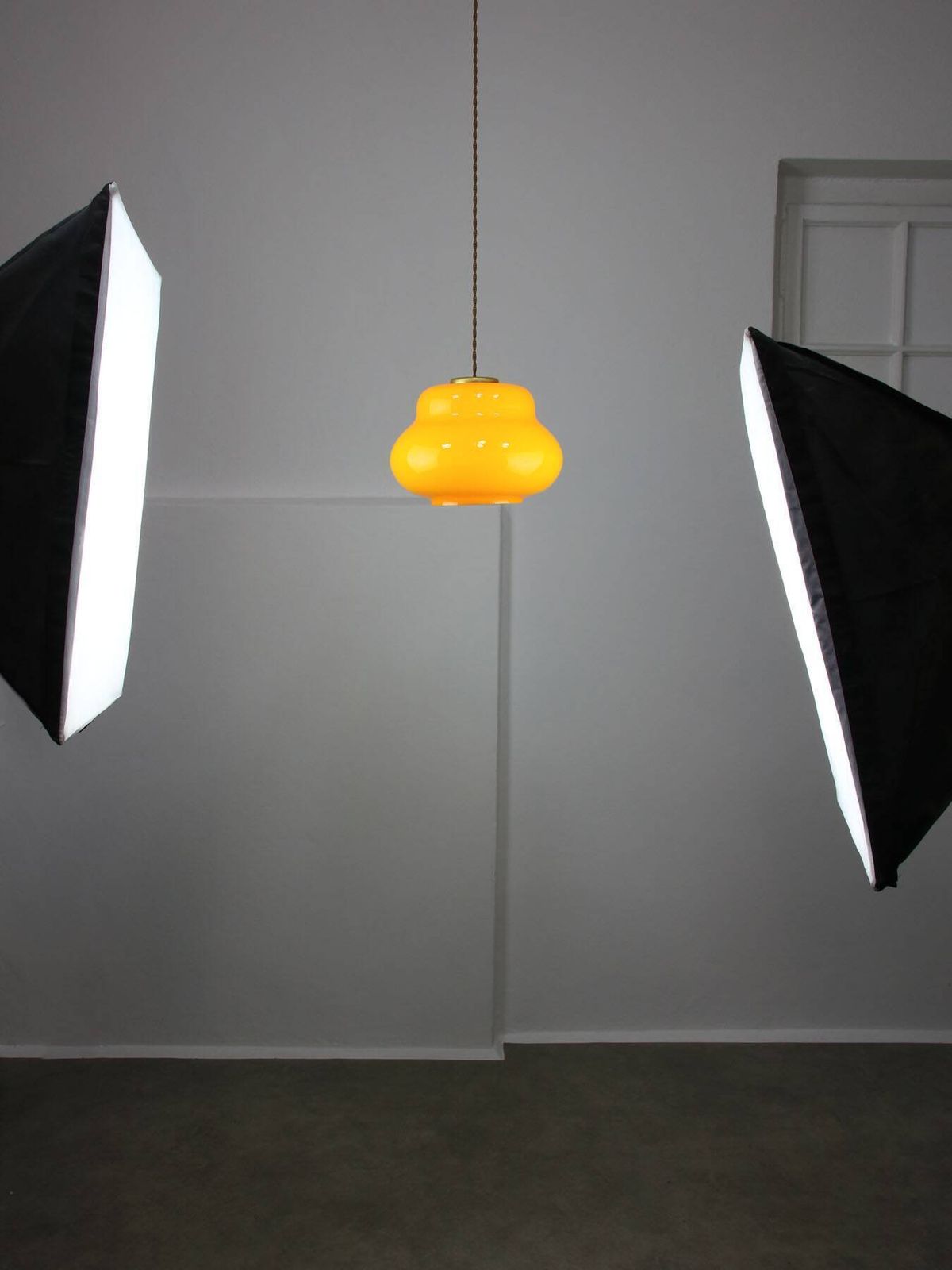 515.0 Mid Century Italian Yellow Glass And Brass Pendant Lamp photo