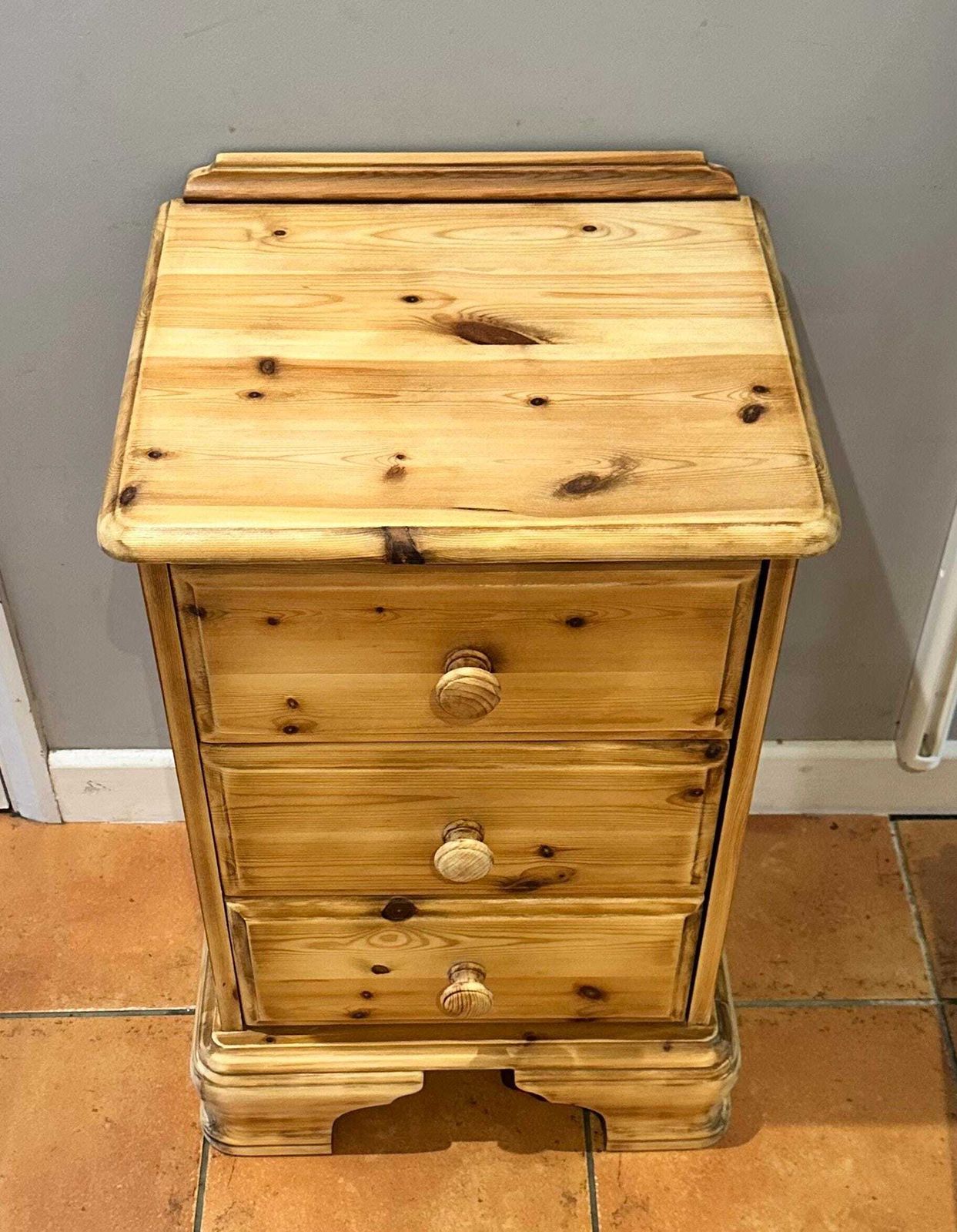 Vintage Natural Stripped Pine 3 Drawer Chest Of Drawers Bedside Table Nightstand photo for sale