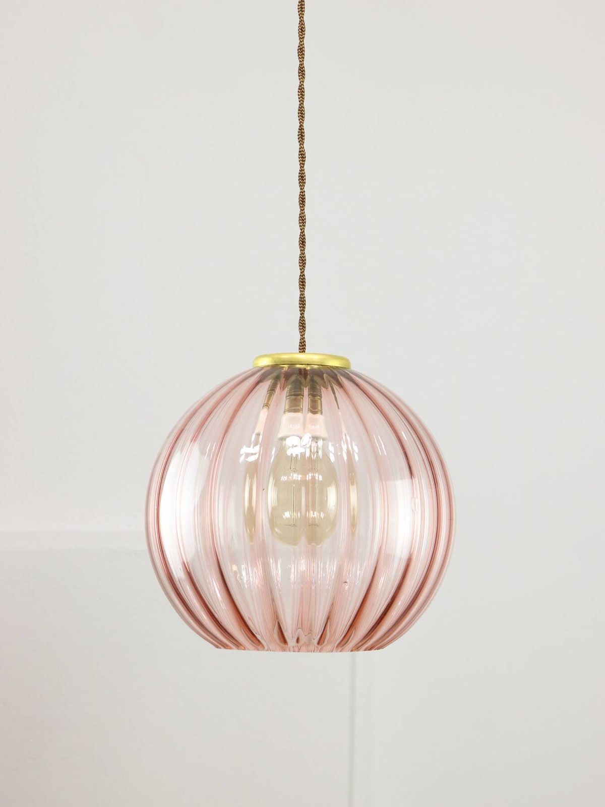 Lighting Mid Century Italian Pink Glass And Brass Pendant Lamp photo
