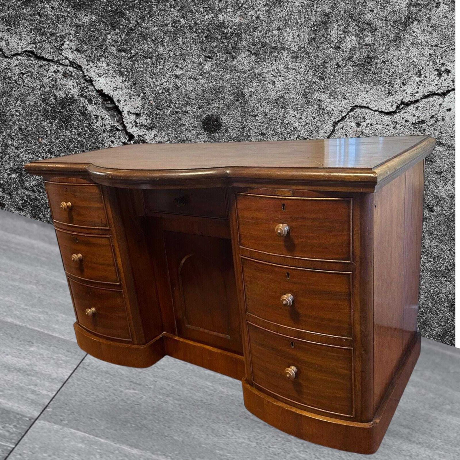 Late Victorian One Piece Mahogany Bow Breakfront Six Drawer Kneehole Desk photo furniture