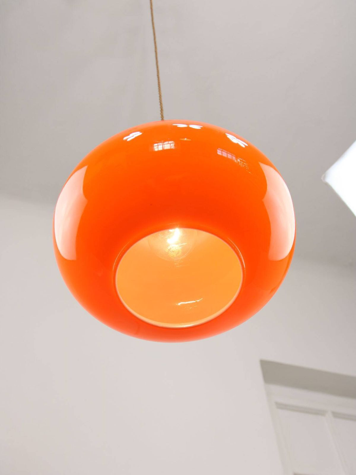Mid Century Italian Orange Glass And Brass Pendant Lamp photo vintage