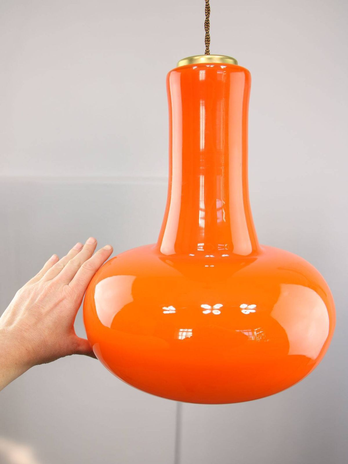 610.0 Mid Century Italian Orange Glass And Brass Pendant Lamp photo