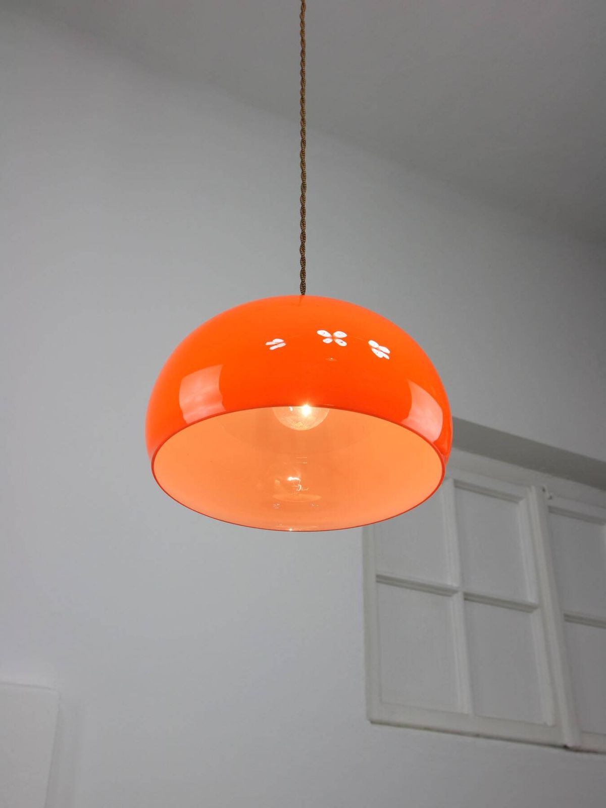 Mid Century Italian Pendant Lamp In Orange Glass And Brass photo vinterior